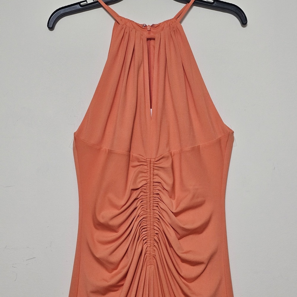 Badgley Mischka Dress Size 0 Fit X Orange Halter Ruched Sleeveless Long Maxi 350 - Picture 3 of 16